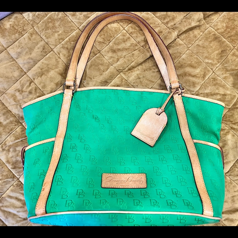 Dooney & Bourke XL Tote Shoulder Bag Purse Monogram Green Pink Fabric